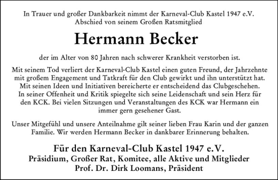Traueranzeige von Hermann Becker von Allgemeine Zeitung Mainz