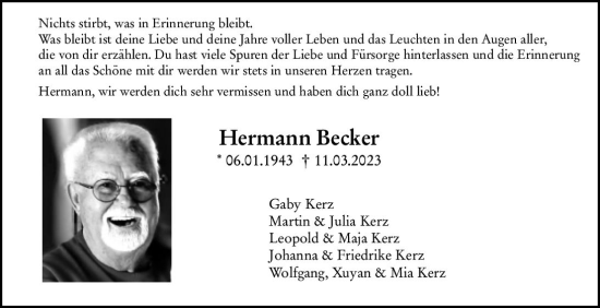 Traueranzeige von Hermann Becker von Allgemeine Zeitung Mainz