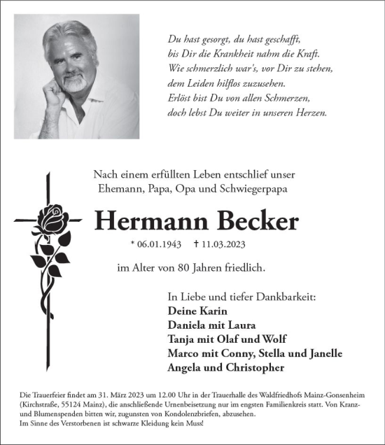 Traueranzeige von Hermann Becker von Allgemeine Zeitung Mainz