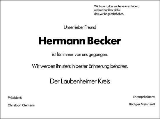 Traueranzeige von Hermann Becker von Allgemeine Zeitung Mainz