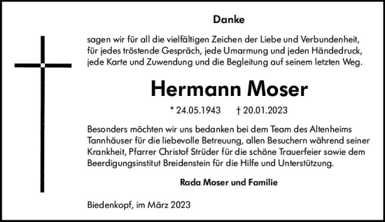 Traueranzeige von Hermann Moser von Hinterländer Anzeiger