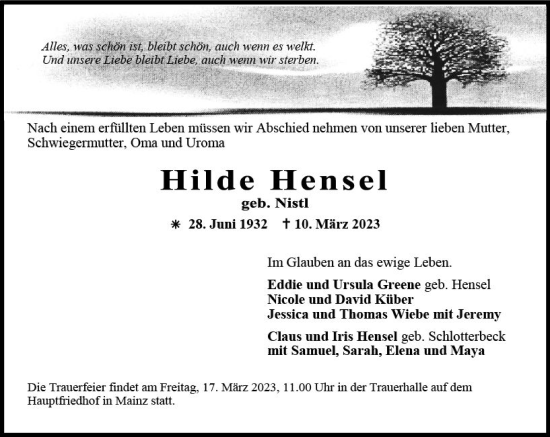 Traueranzeige von Hilde Hensel von Allgemeine Zeitung Mainz