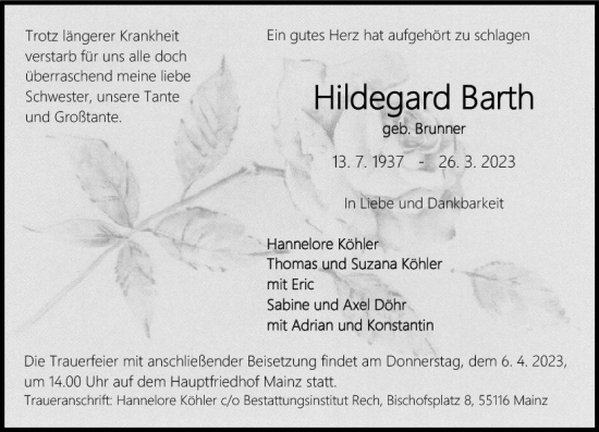 Traueranzeige von Hildegard Barth von Allgemeine Zeitung Mainz
