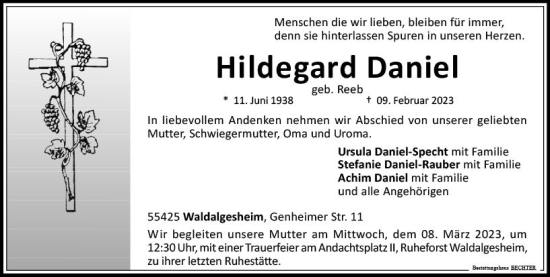 Traueranzeige von Hildegard Daniel von Allgemeine Zeitung Bingen/Ingelheim