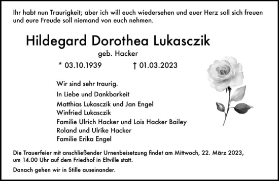 Traueranzeige von Hildegard Dorothea Lukasczik von Wiesbadener Kurier