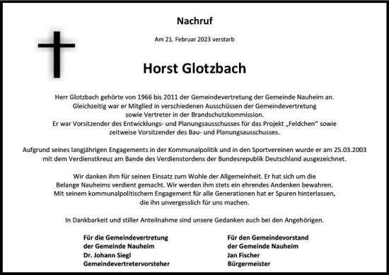 Traueranzeige von Horst Glotzbach von Rüsselsheimer Echo