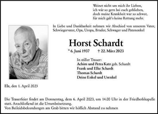 Traueranzeige von Horst Schardt von Nassauische Neue Presse