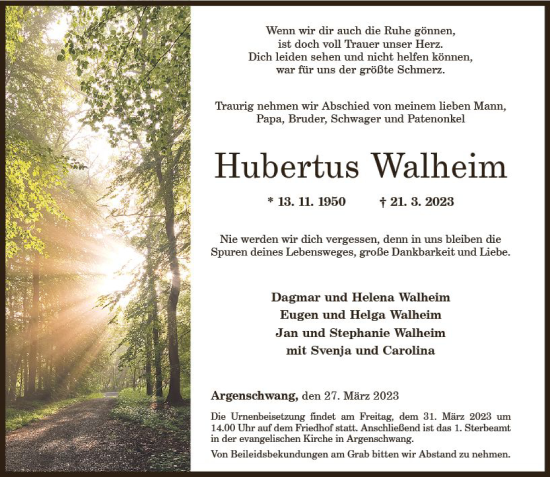 Traueranzeige von Hubertus Walheim von Allgemeine Zeitung Bad Kreuznach