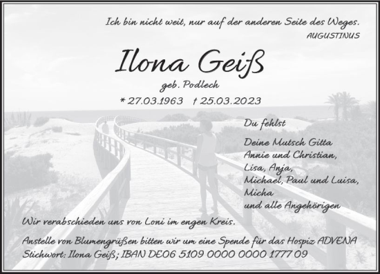 Traueranzeige von Ilona Geiß von Wiesbadener Kurier