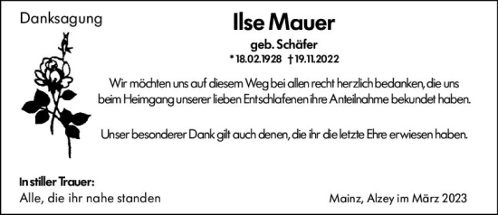 Traueranzeige von Ilse Mauer von Allgemeine Zeitung Alzey