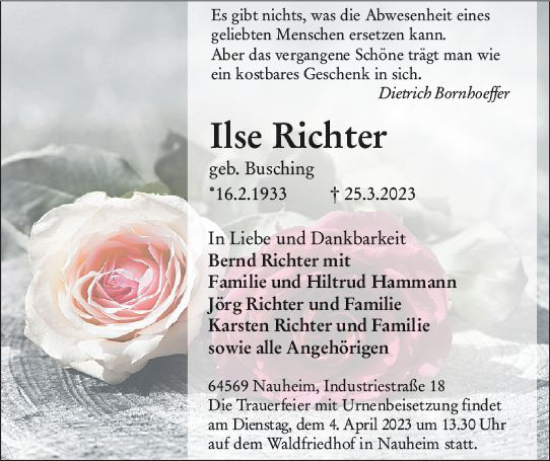 Traueranzeige von Ilse Richter von Rüsselsheimer Echo