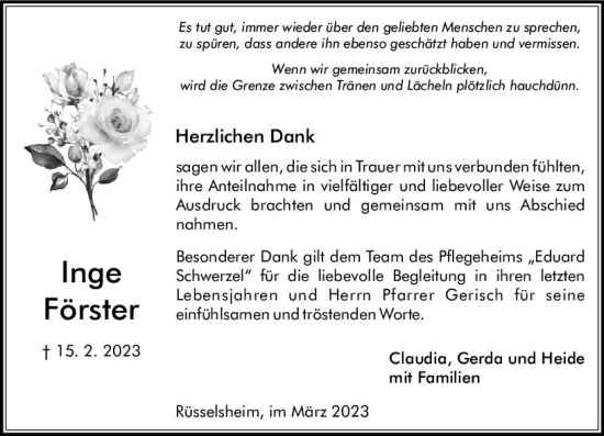 Traueranzeige von Inge Förster von Rüsselsheimer Echo