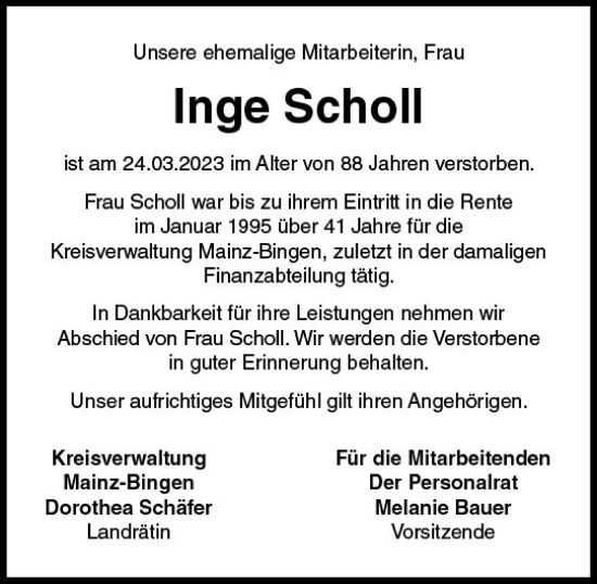Traueranzeige von Inge Scholl von Allgemeine Zeitung Bingen/Ingelheim