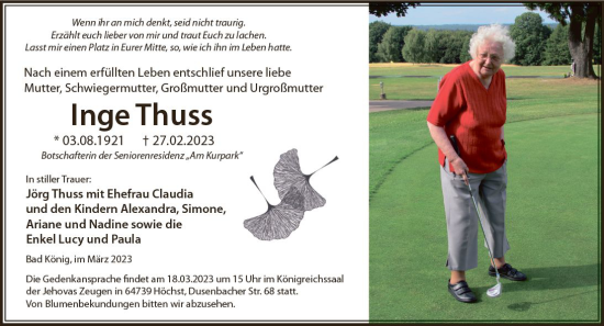 Traueranzeige von Inge Thuss von Odenwälder Echo