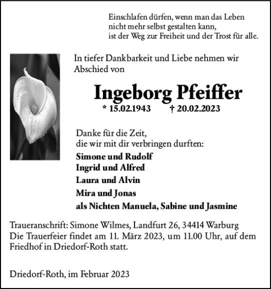 Traueranzeige von Ingeborg Pfeiffer von Dill Block
