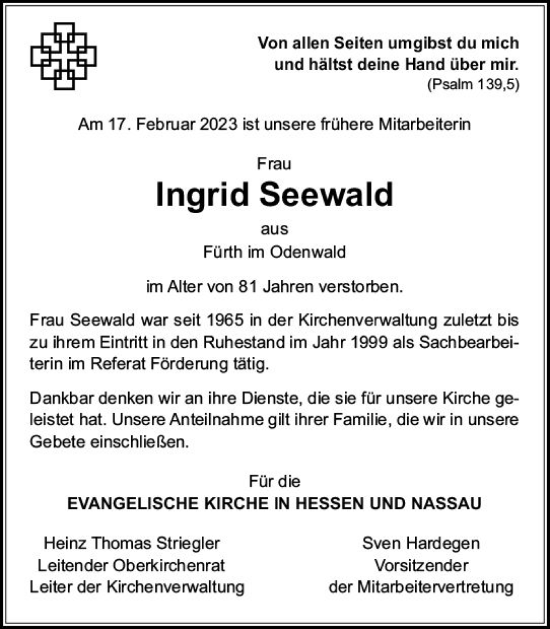 Traueranzeige von Ingrid Seewald von Darmstädter Echo