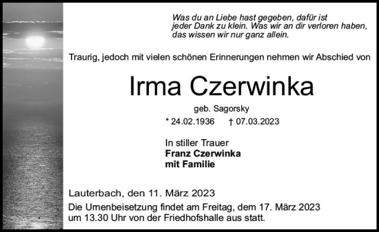 Traueranzeige von Irma Czerwinka von VRM Trauer