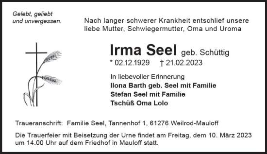Traueranzeige von Irma Seel von Camberger Anzeiger