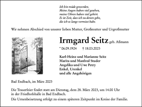 Traueranzeige von Irmgara Seitz von Hinterländer Anzeiger