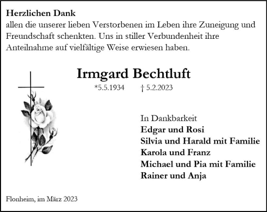 Traueranzeige von Irmgard Bechtluft von Allgemeine Zeitung Alzey