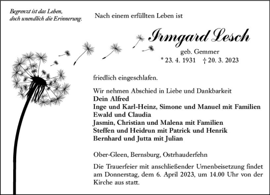 Traueranzeige von Irmgard Lesch von VRM Trauer