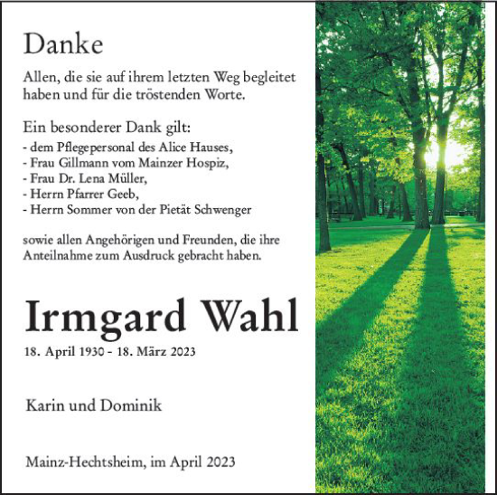 Traueranzeige von Irmgard Wahl von Allgemeine Zeitung Mainz