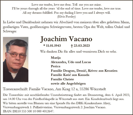 Traueranzeige von Joachim Vacano von Allgemeine Zeitung Alzey