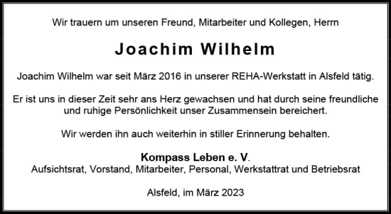 Traueranzeige von Joachim Wilhelm von VRM Trauer