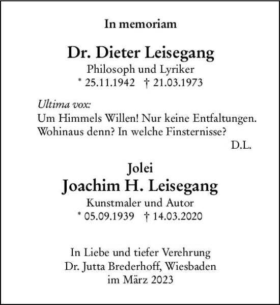 Traueranzeige von Joachim H. Leisegang von Wiesbadener Kurier
