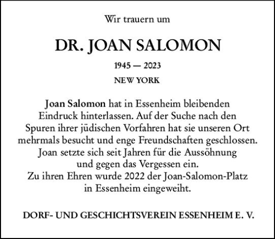 Traueranzeige von Joan Salomon von Allgemeine Zeitung Mainz
