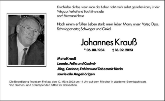 Traueranzeige von Johannes Krauß von Camberger Anzeiger