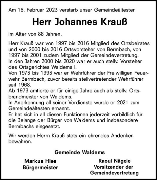 Traueranzeige von Johannes Krauß von Idsteiner Land/Untertaunus