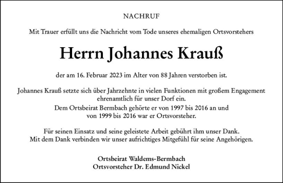 Traueranzeige von Johannes Krauß von Camberger Anzeiger