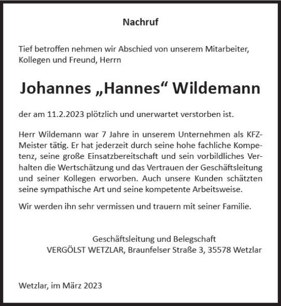 Traueranzeige von Johannes Wildemann von Wetzlarer Neue Zeitung