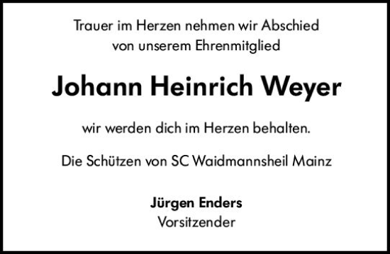 Traueranzeige von Johann Heinrich Weyer von Allgemeine Zeitung Mainz