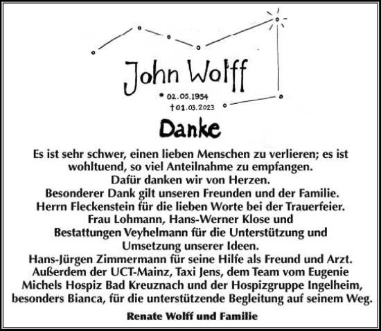 Traueranzeige von John Wolff von Allgemeine Zeitung Bingen/Ingelheim