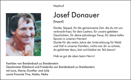 Traueranzeige von Josef Donauer von Hinterländer Anzeiger