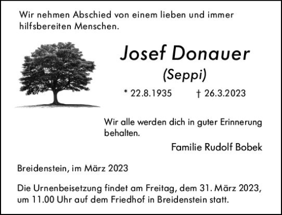 Traueranzeige von Josef Donauer von Hinterländer Anzeiger