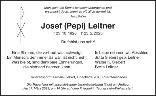 Traueranzeige von Josef Leitner von Wiesbadener Kurier