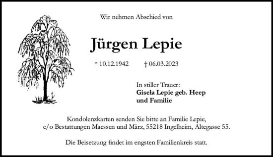 Traueranzeige von Jürgen Lepie von Allgemeine Zeitung Bingen/Ingelheim