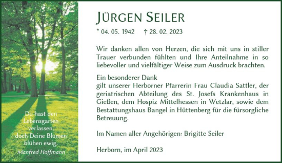 Traueranzeige von Jürgen Seiler von Dill Block