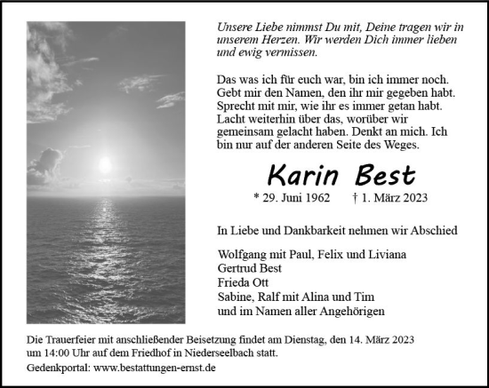 Traueranzeige von Karin Best von Idsteiner Land/Untertaunus