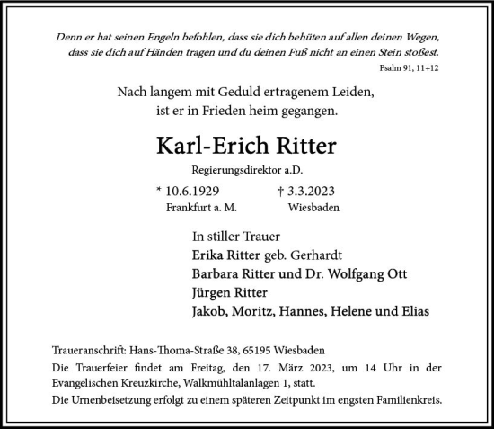 Traueranzeige von Karl-Erich Ritter von Wiesbadener Kurier