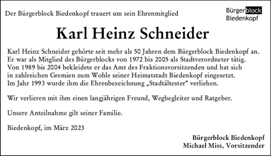 Traueranzeige von Karl Heinz Schneider von Hinterländer Anzeiger