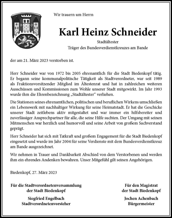 Traueranzeige von Karl Heinz Schneider von Hinterländer Anzeiger