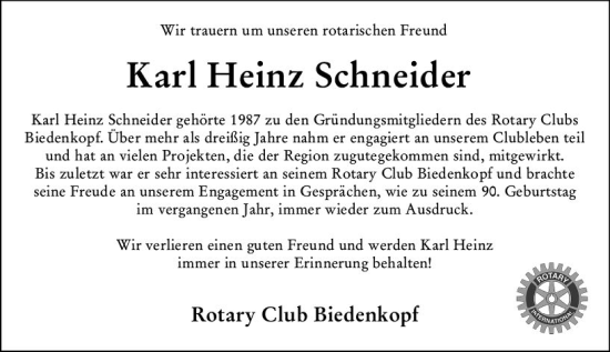 Traueranzeige von Karl Heinz Schneider von Hinterländer Anzeiger