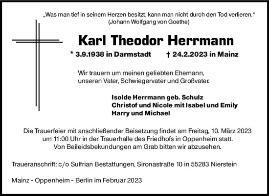 Traueranzeige von Karl Theodor Herrmann von Allgemeine Zeitung Mainz