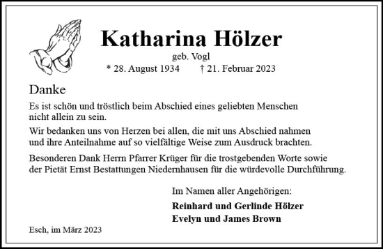 Traueranzeige von Katharina Hölzer von Camberger Anzeiger