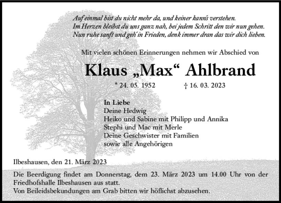 Traueranzeige von Klaus Ahlbrand von VRM Trauer