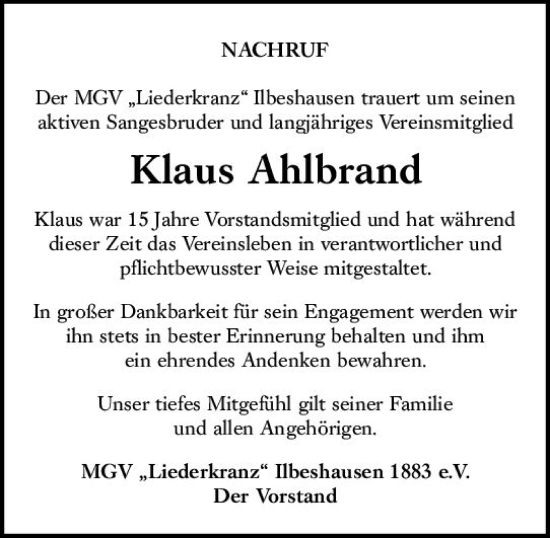 Traueranzeige von Klaus Ahlbrand von VRM Trauer